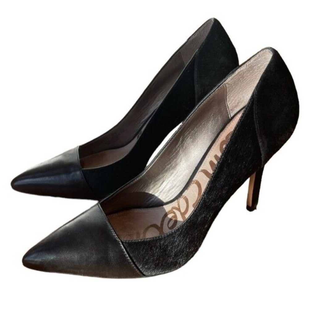 Sam Edelman Desiree Calf  Hair Black Leather Pointed Toe Pumps, Women's Size 9 M